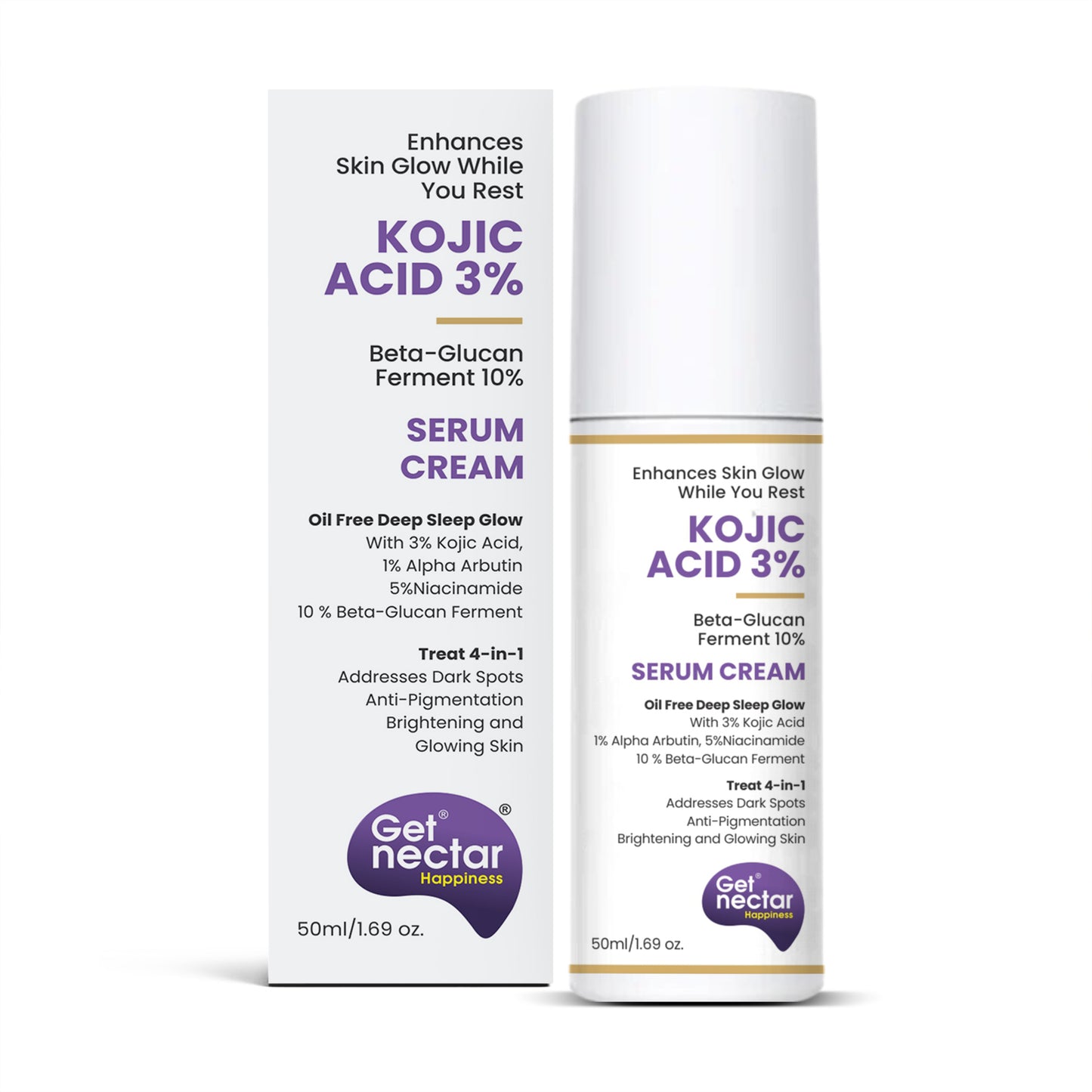 Kojic Acid 3% Overnight Glow Serum Cream (Oil Free) with Beta-glucan & Bean Essence for Dark Spots, Anti-Pigmentation, Brightening facial, Glowing Skin(50ml)