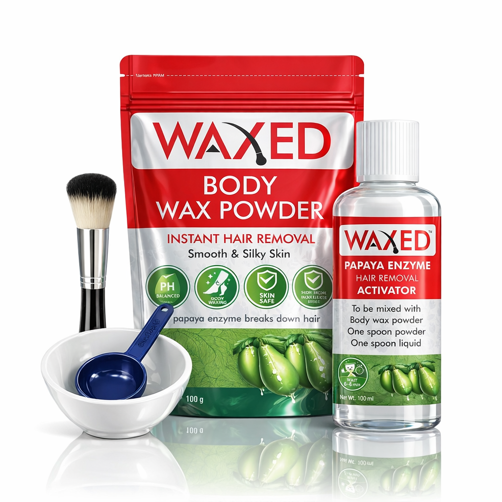 WAXED™ Body Wax Powder Waxing Kit for Women | Instant Hair Removal | Papaya Enzyme Activator | Full Body Wax | 100g Powder + 100ml Activator | With Bowl, Spoon & Brush Included.