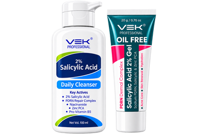 VSK Professional 2% Salicylic Acid Face Wash & Oil-Free 2% Salicylic Acid Gel Combo | PDRN Repair Complex, Niacinamide & Zinc PCA | Acne & Oily Skin Care | Deep Cleansing, Pore Care & Oil Control | 100ml + 20g