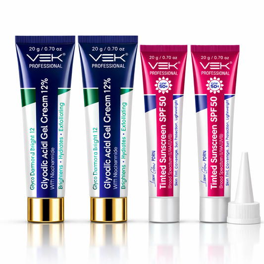 Glycolic Acid 12% Gel Cream + PDRN Tinted Sunscreen SPF 50 Combo (4 Tubes) – Reduces Pigmentation, Acne Marks & Dark Spots | Brightening + UV Protection | 20g x 2 + 20g x 2