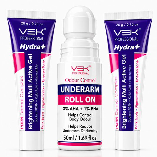 VSK Professional Underarm Roll On with 3% AHA + 1% BHA & Brightening Multi Active Gel with PDRN, Alpha Arbutin & Niacinamide | Helps Control Body Odour & Improve Appearance of Dark Underarms | 50ml + 40g