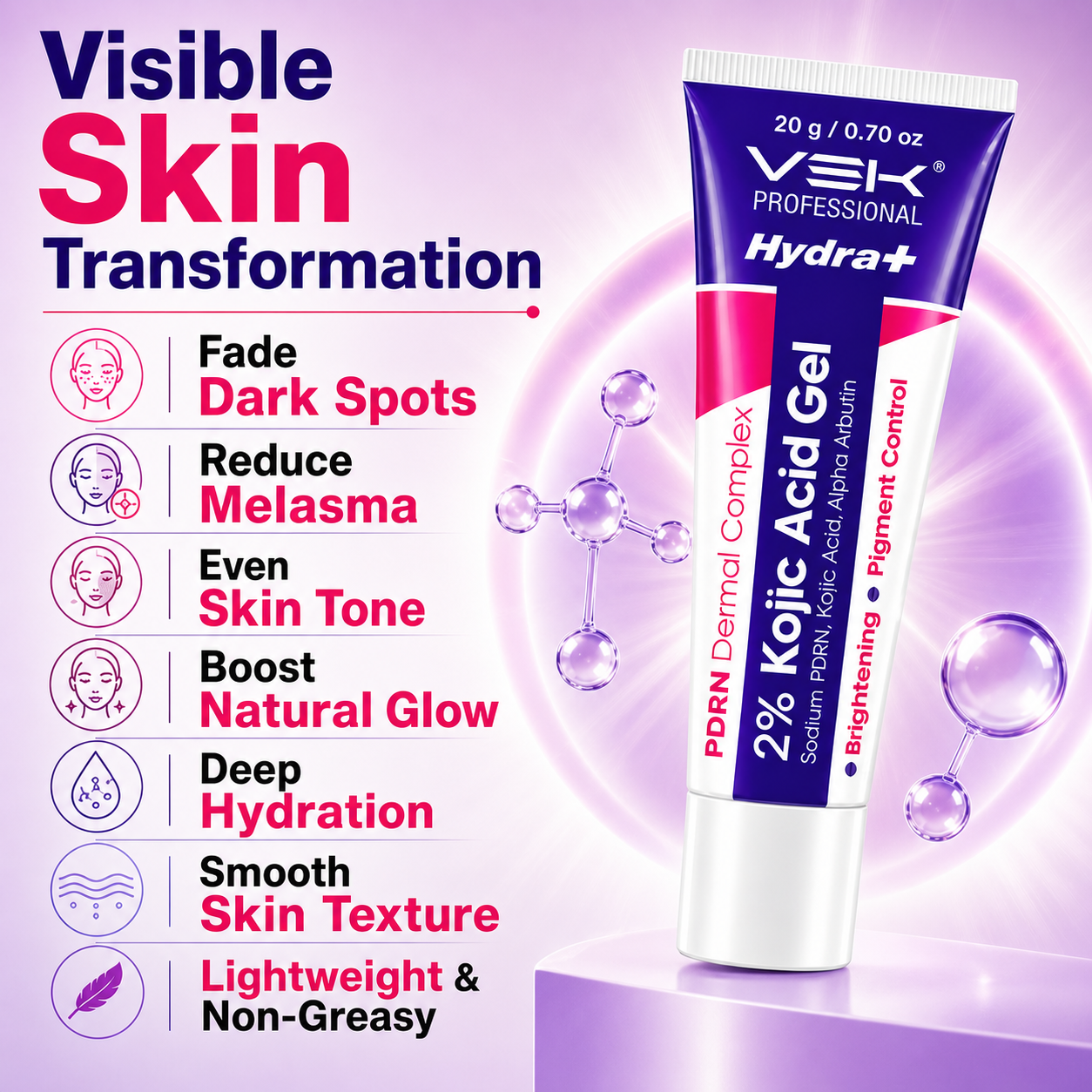 Hydrate 2% Kojic Acid Face Serum in Gel with PDRN Dermal Complex, Glow Sunscreen & Tinted Sunscreen SPF 50+ | Alpha Arbutin Brightening Treatment for Dark Spots | 4 Tubes 20g each