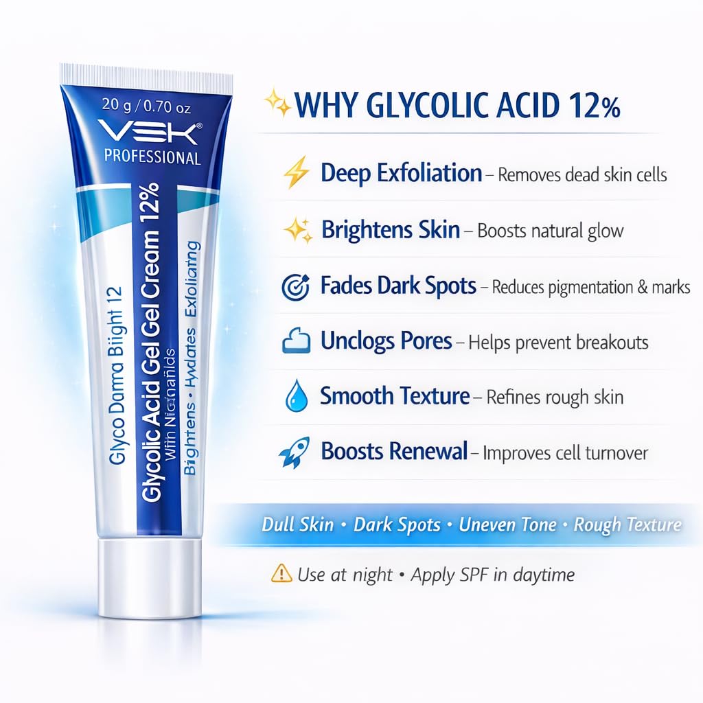 VSK Professionals12% Glycolic Acid Cream Gel for Brightning, Anti-Pigmentation & Melasma Acne, Pimples & Dark Spots | Unclogs Pores, Smooth Skin Care With PDRN SPF50 Sunscreen Combo | 4 Tubes 20g each (80grm)