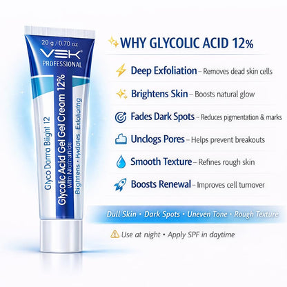 VSK Professionals12% Glycolic Acid Cream Gel for Brightning, Anti-Pigmentation & Melasma Acne, Pimples & Dark Spots | Unclogs Pores, Smooth Skin Care With PDRN SPF50 Sunscreen Combo | 4 Tubes 20g each (80grm)