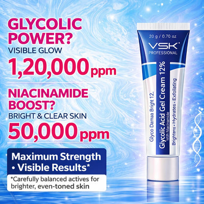 VSK Professionals12% Glycolic Acid Cream Gel for Brightning, Anti-Pigmentation & Melasma Acne, Pimples & Dark Spots | Unclogs Pores, Smooth Skin Care With PDRN SPF50 Sunscreen Combo | 4 Tubes 20g each (80grm)