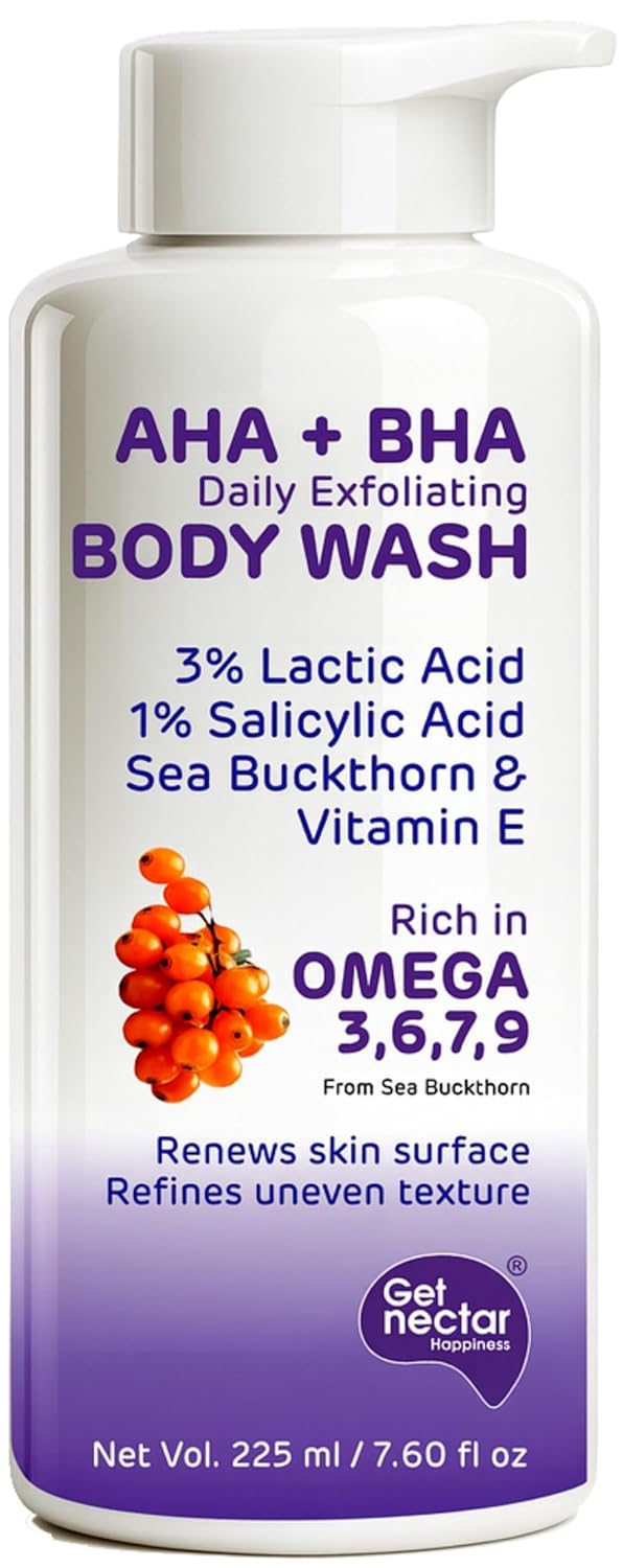 Get Nectar Happiness Korean Glow Essence AHA-BHA Body Wash | 4% Actives (3% Lactic Acid + 1% Salicylic Acid) | Omega 3,6,7,9 | Exfoliating Body Wash for Tan, Body Acne & Smooth Glowing Skin | Sulfate & Paraben Free | For Men & Women | 225ml