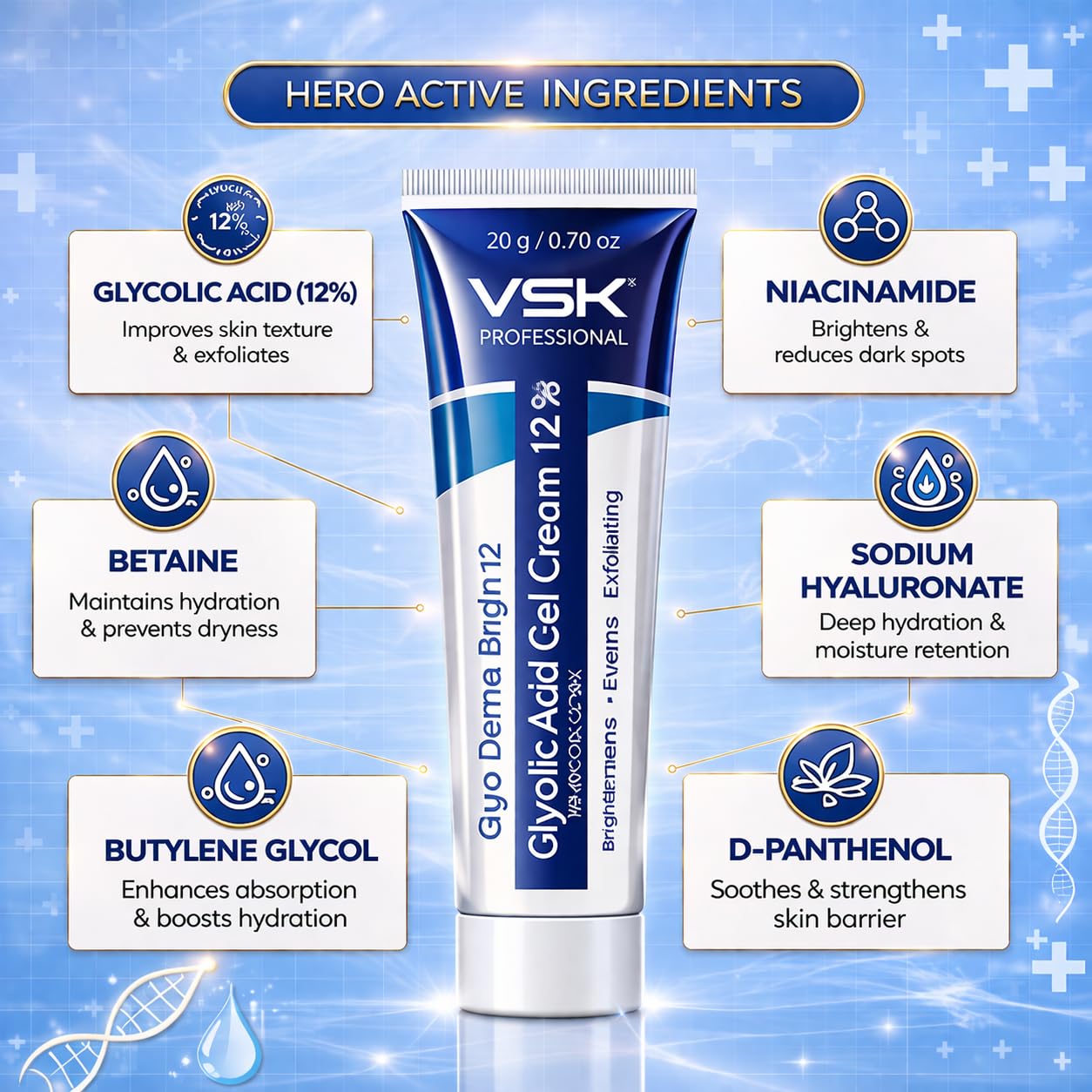 VSK Professionals12% Glycolic Acid Cream Gel for Brightning, Anti-Pigmentation & Melasma Acne, Pimples & Dark Spots | Unclogs Pores, Smooth Skin Care With PDRN SPF50 Sunscreen Combo | 4 Tubes 20g each (80grm)