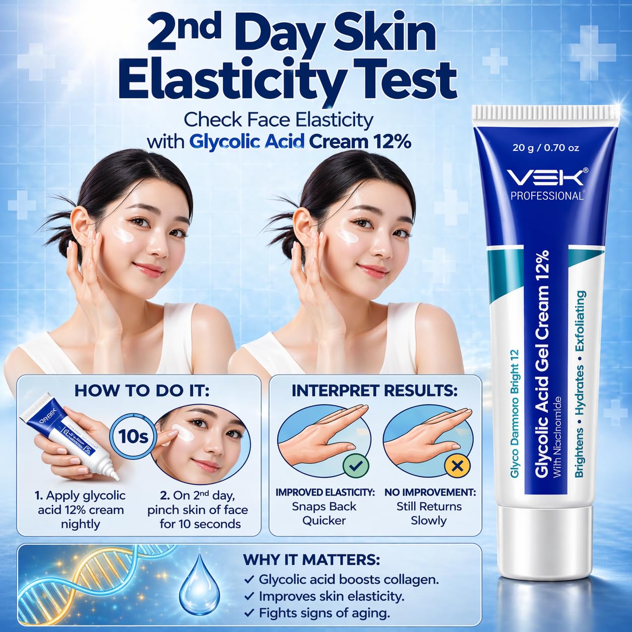 VSK Professionals12% Glycolic Acid Cream Gel for Brightning, Anti-Pigmentation & Melasma Acne, Pimples & Dark Spots | Unclogs Pores, Smooth Skin Care With PDRN SPF50 Sunscreen Combo | 4 Tubes 20g each (80grm)