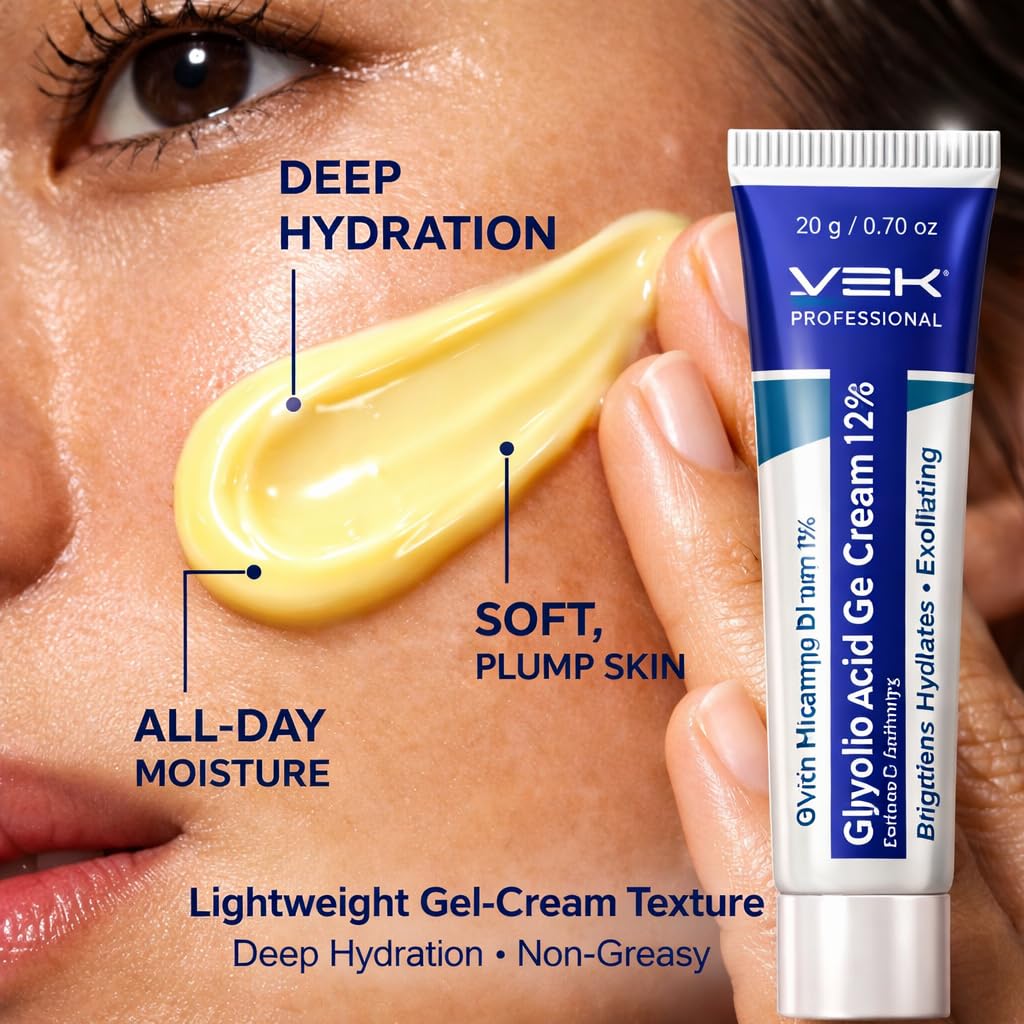 VSK Professionals12% Glycolic Acid Cream Gel for Brightning, Anti-Pigmentation & Melasma Acne, Pimples & Dark Spots | Unclogs Pores, Smooth Skin Care With PDRN SPF50 Sunscreen Combo | 4 Tubes 20g each (80grm)