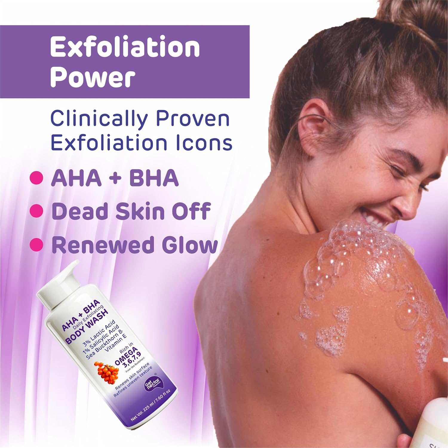 Get Nectar Happiness Korean Glow Essence AHA-BHA Body Wash | 4% Actives (3% Lactic Acid + 1% Salicylic Acid) | Omega 3,6,7,9 | Exfoliating Body Wash for Tan, Body Acne & Smooth Glowing Skin | Sulfate & Paraben Free | For Men & Women | 225ml