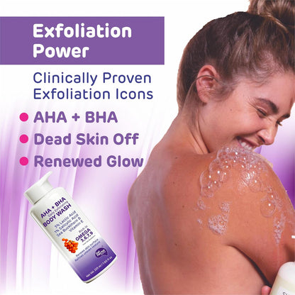 Get Nectar Happiness Korean Glow Essence AHA-BHA Body Wash | 4% Actives (3% Lactic Acid + 1% Salicylic Acid) | Omega 3,6,7,9 | Exfoliating Body Wash for Tan, Body Acne & Smooth Glowing Skin | Sulfate & Paraben Free | For Men & Women | 225ml