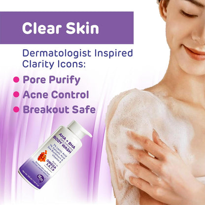 Get Nectar Happiness Korean Glow Essence AHA-BHA Body Wash | 4% Actives (3% Lactic Acid + 1% Salicylic Acid) | Omega 3,6,7,9 | Exfoliating Body Wash for Tan, Body Acne & Smooth Glowing Skin | Sulfate & Paraben Free | For Men & Women | 225ml