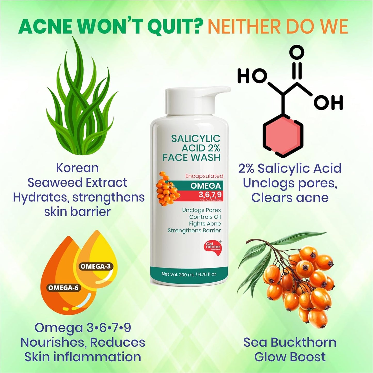 Get Nectar Happiness Korean Glow Essence 2% Salicylic Acid Face Wash for Oily & Acne-Prone Skin | Encapsulated | Omega 3,6,7,9 | Unclogs Pores, Controls Oil, Fights Acne, Soothes Redness 200ml