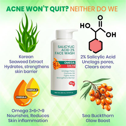 Get Nectar Happiness Korean Glow Essence 2% Salicylic Acid Face Wash for Oily & Acne-Prone Skin | Encapsulated | Omega 3,6,7,9 | Unclogs Pores, Controls Oil, Fights Acne, Soothes Redness 200ml