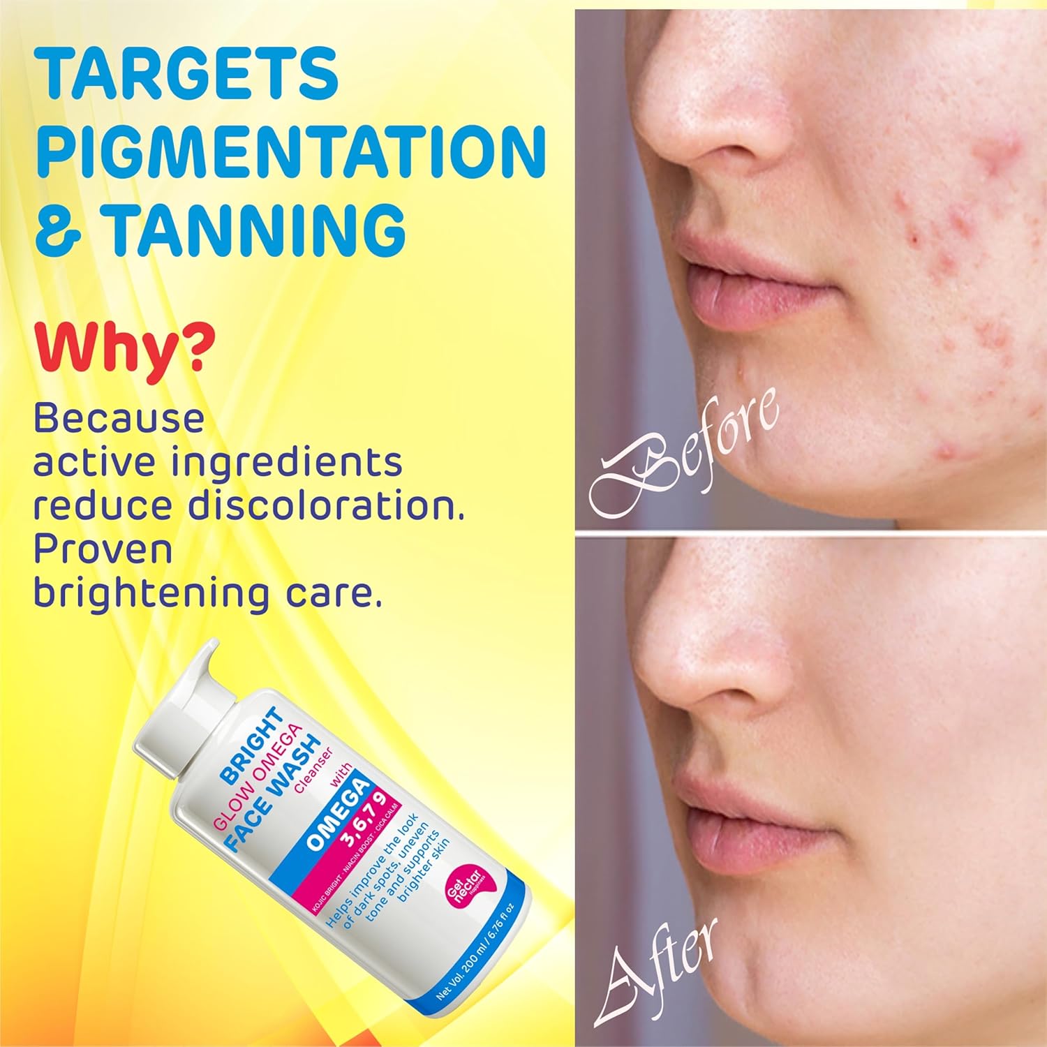 Bright Glow Omega Korean Glow Essence Face Wash Cleanser | Dark Spot, Pigmentation, Whitening & Brightening, Even Skin Tone & Gentle Daily Cleanser for Radiant, Glowing Skin – 200 ml