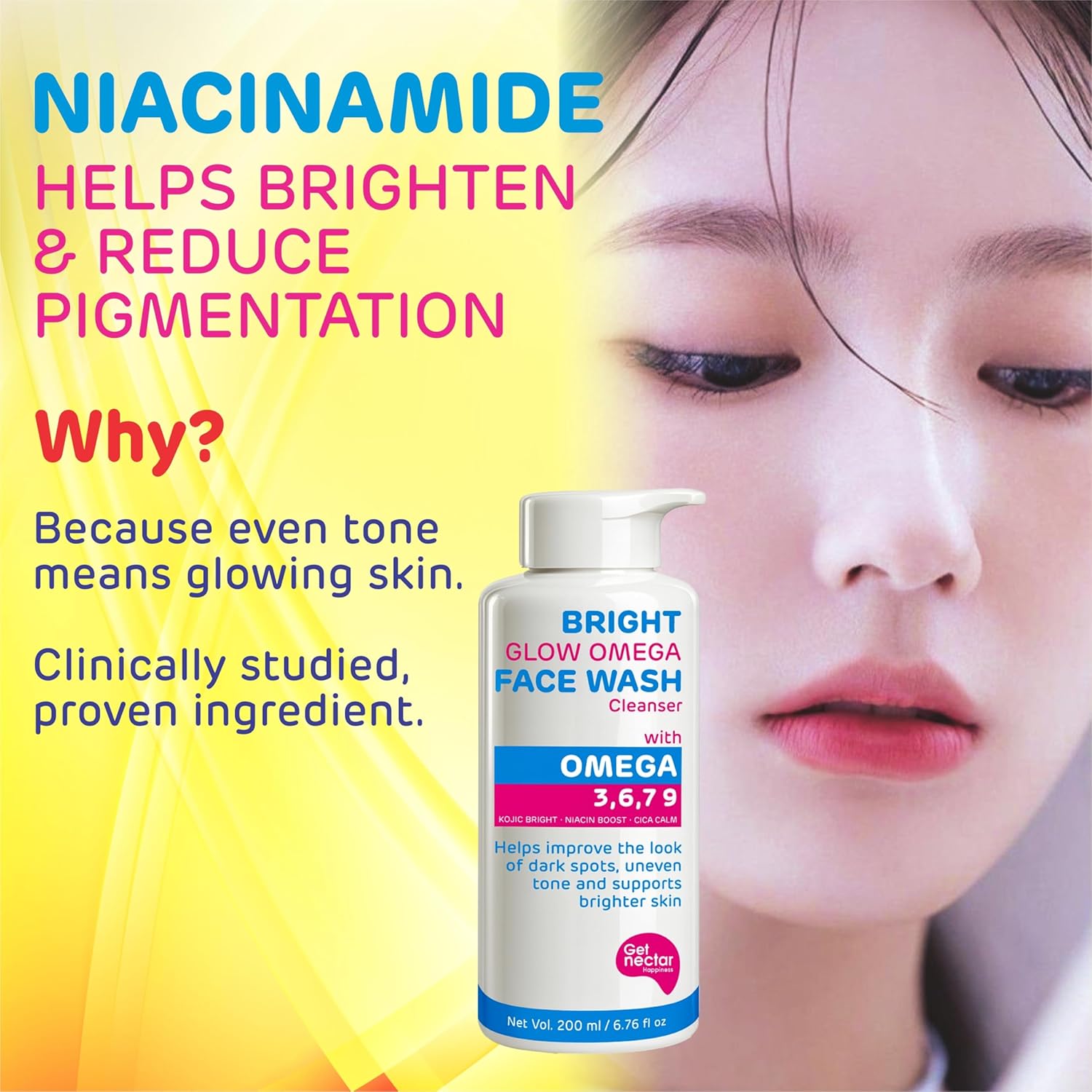 Bright Glow Omega Korean Glow Essence Face Wash Cleanser | Dark Spot, Pigmentation, Whitening & Brightening, Even Skin Tone & Gentle Daily Cleanser for Radiant, Glowing Skin – 200 ml