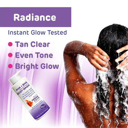 Get Nectar Happiness Korean Glow Essence AHA-BHA Body Wash | 4% Actives (3% Lactic Acid + 1% Salicylic Acid) | Omega 3,6,7,9 | Exfoliating Body Wash for Tan, Body Acne & Smooth Glowing Skin | Sulfate & Paraben Free | For Men & Women | 225ml