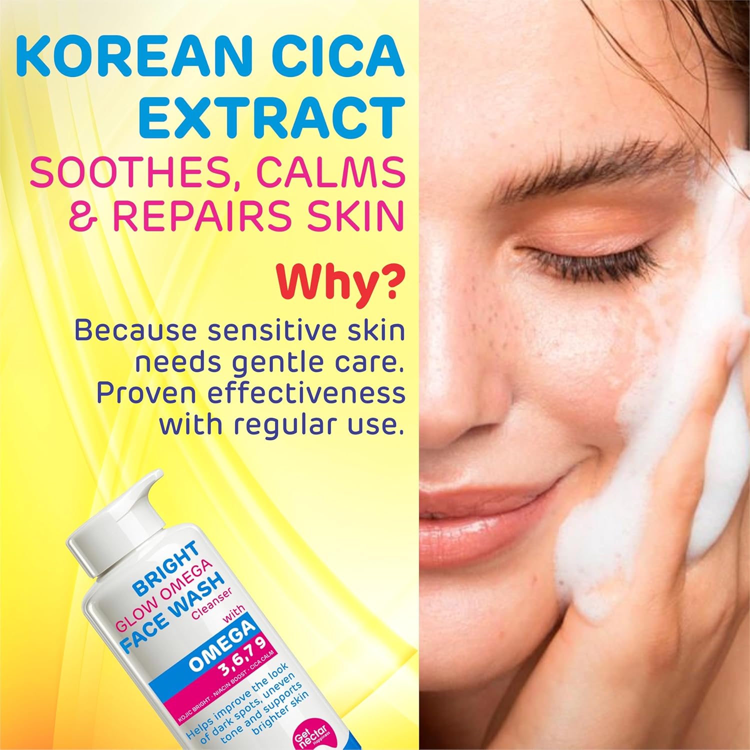 Bright Glow Omega Korean Glow Essence Face Wash Cleanser | Dark Spot, Pigmentation, Whitening & Brightening, Even Skin Tone & Gentle Daily Cleanser for Radiant, Glowing Skin – 200 ml