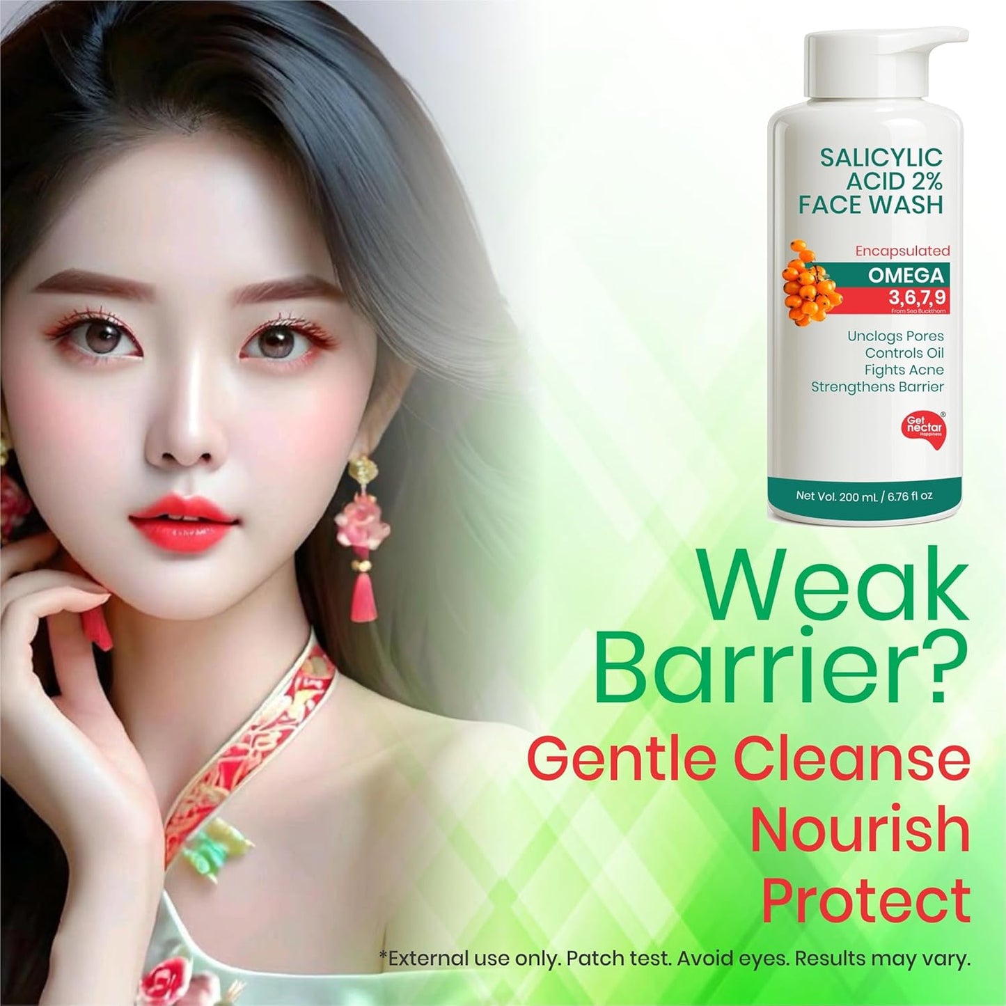 Get Nectar Happiness Korean Glow Essence 2% Salicylic Acid Face Wash for Oily & Acne-Prone Skin | Encapsulated | Omega 3,6,7,9 | Unclogs Pores, Controls Oil, Fights Acne, Soothes Redness 200ml