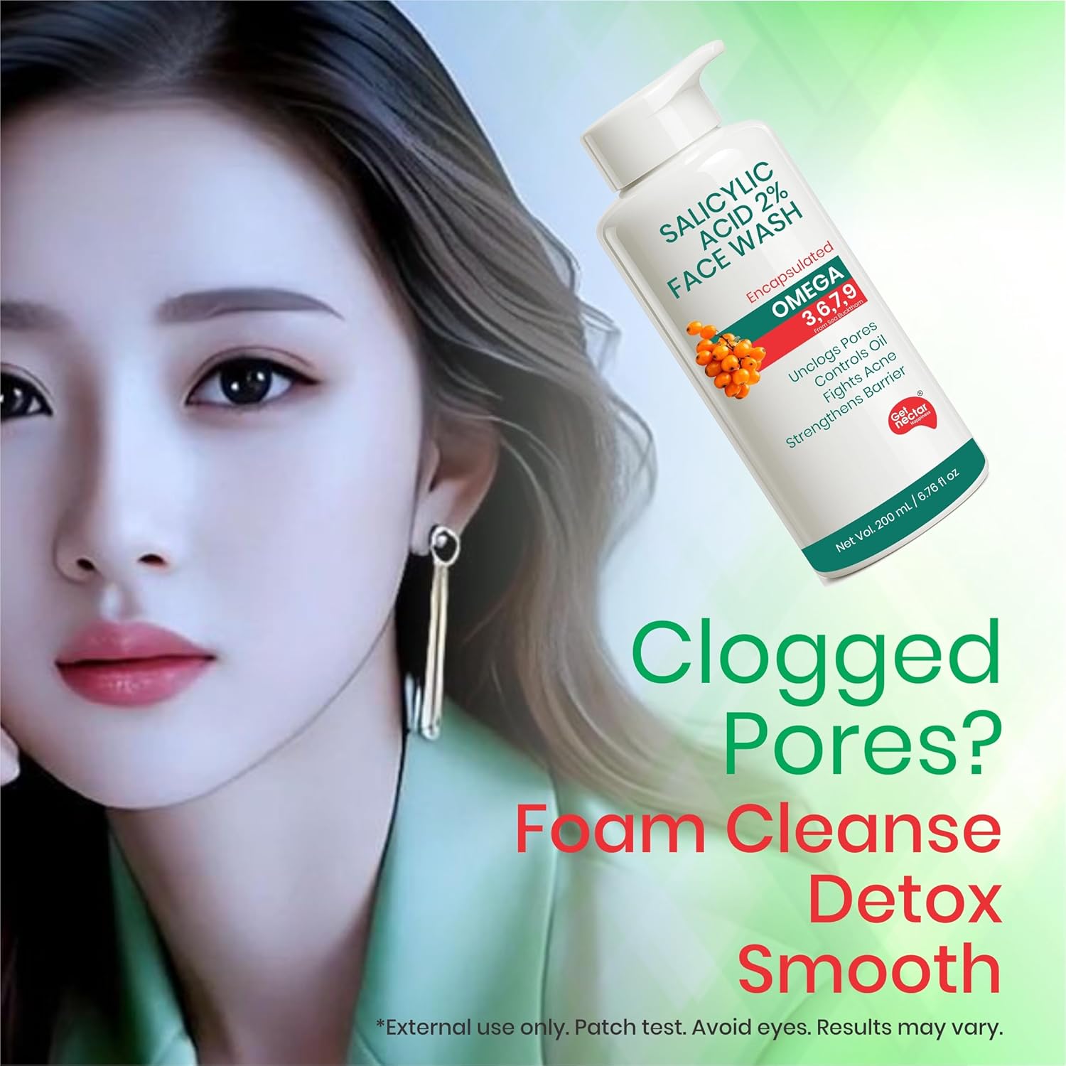 Get Nectar Happiness Korean Glow Essence 2% Salicylic Acid Face Wash for Oily & Acne-Prone Skin | Encapsulated | Omega 3,6,7,9 | Unclogs Pores, Controls Oil, Fights Acne, Soothes Redness 200ml