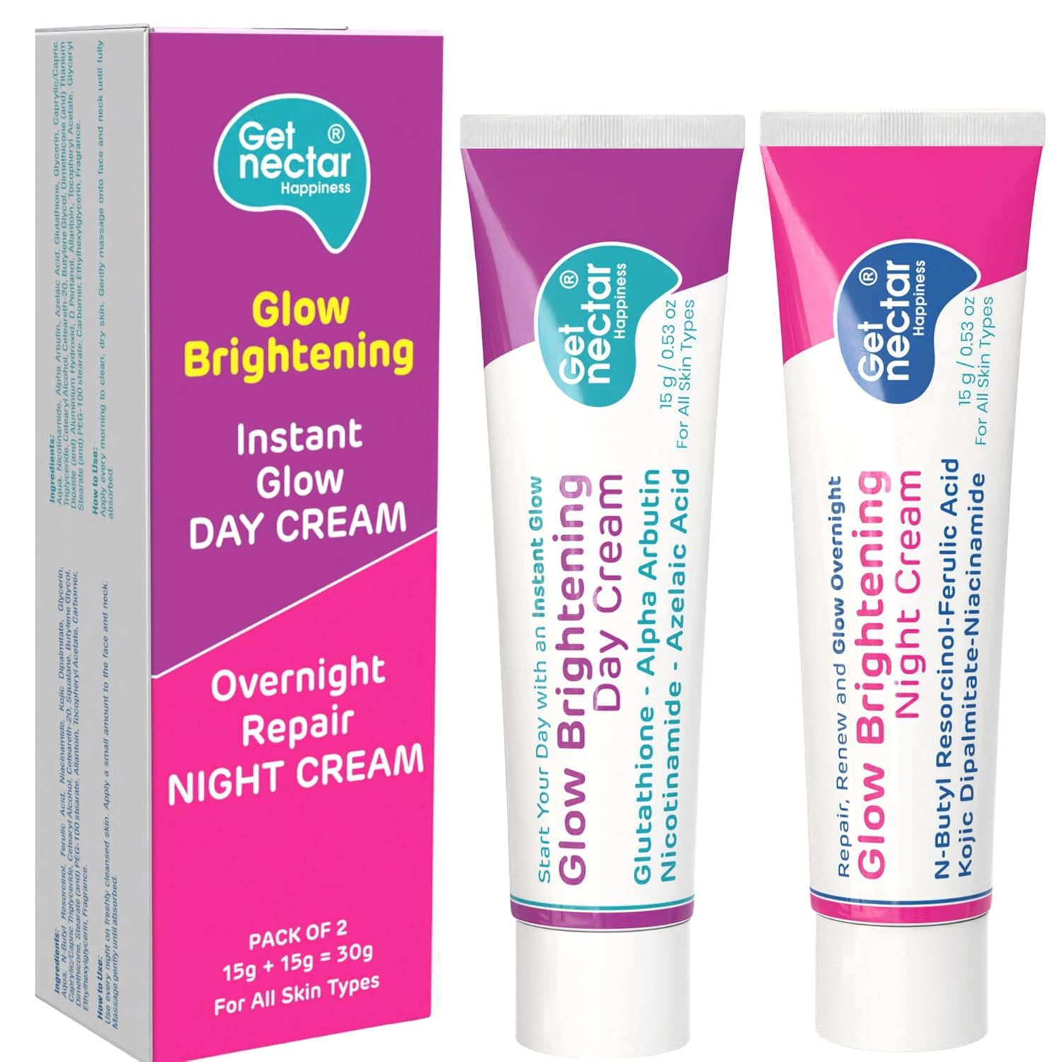 Glow Brightening Day & Night Cream Duo with Glutathione, Alpha Arbutin, Niacinamide, Kojic Acid & Ferulic Acid for Dark Spots, Pigmentation, Tan Removal & Glowing Skin for Men & Women Lightweight & Non-Greasy 15x2=30g Each