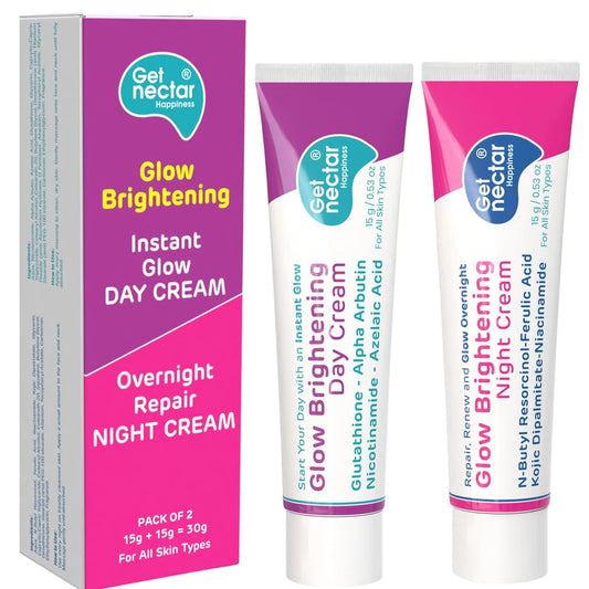 Glow Brightening Day & Night Cream Duo with Glutathione, Alpha Arbutin, Niacinamide, Kojic Acid & Ferulic Acid for Dark Spots, Pigmentation, Tan Removal & Glowing Skin for Men & Women Lightweight & Non-Greasy 15x2=30g Each