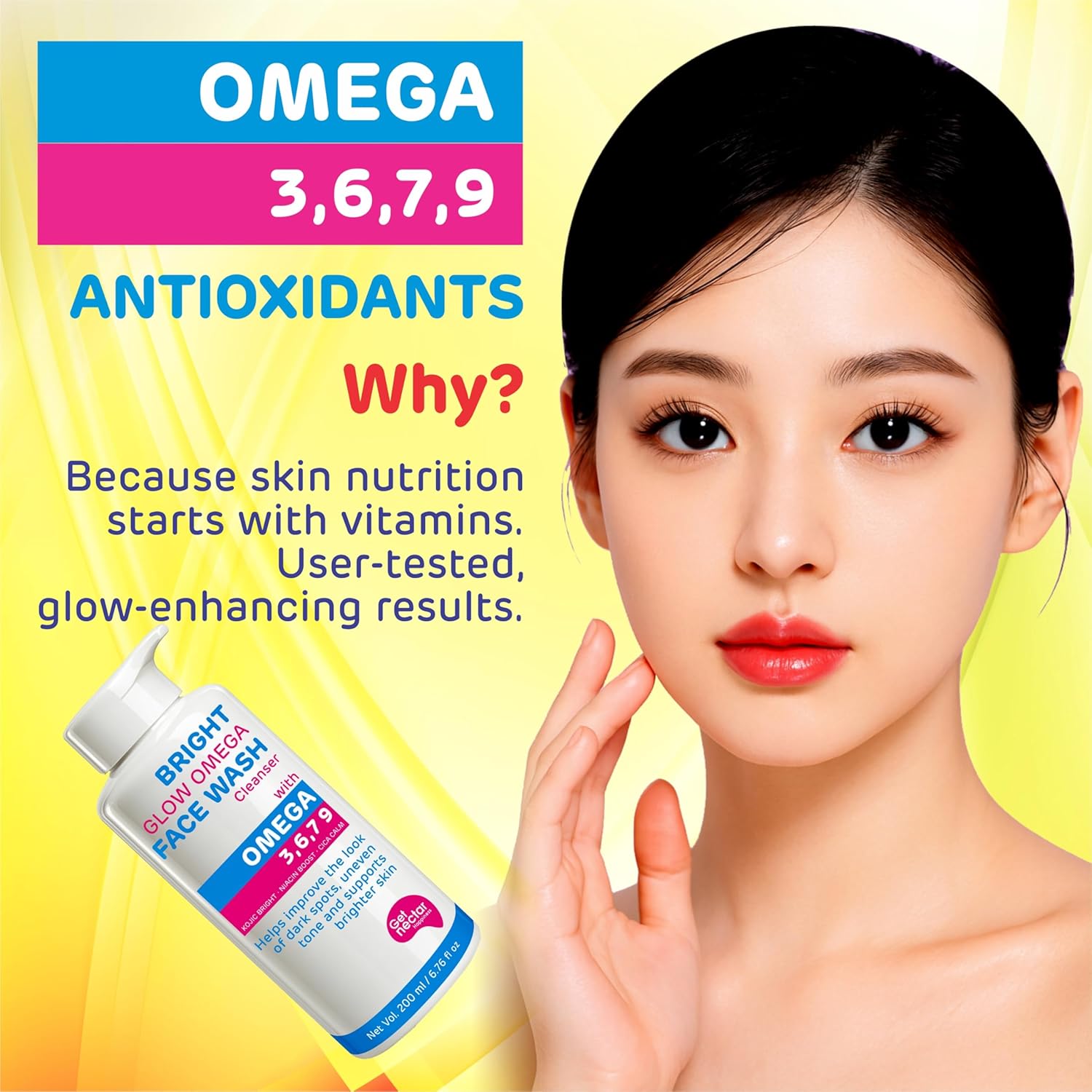 Bright Glow Omega Korean Glow Essence Face Wash Cleanser | Dark Spot, Pigmentation, Whitening & Brightening, Even Skin Tone & Gentle Daily Cleanser for Radiant, Glowing Skin – 200 ml