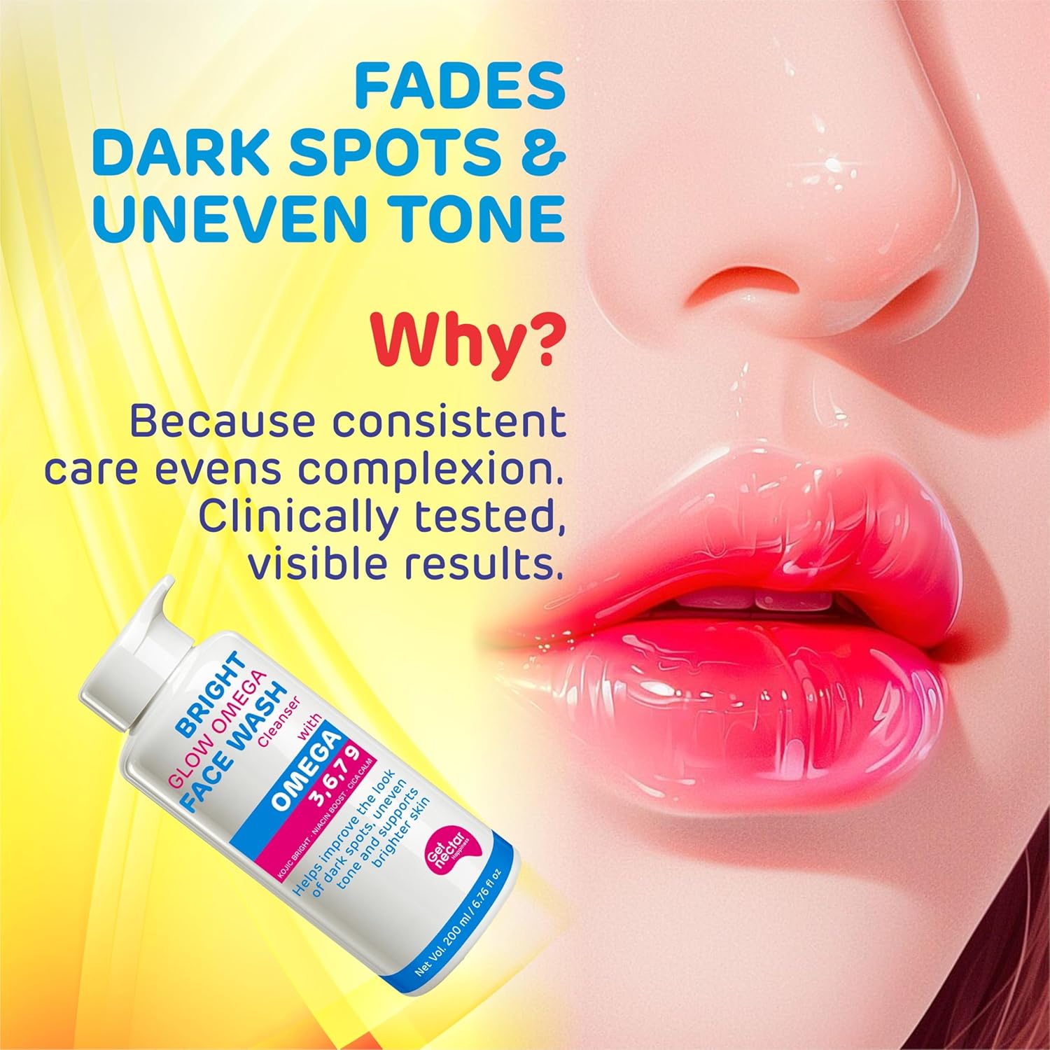 Bright Glow Omega Korean Glow Essence Face Wash Cleanser | Dark Spot, Pigmentation, Whitening & Brightening, Even Skin Tone & Gentle Daily Cleanser for Radiant, Glowing Skin – 200 ml