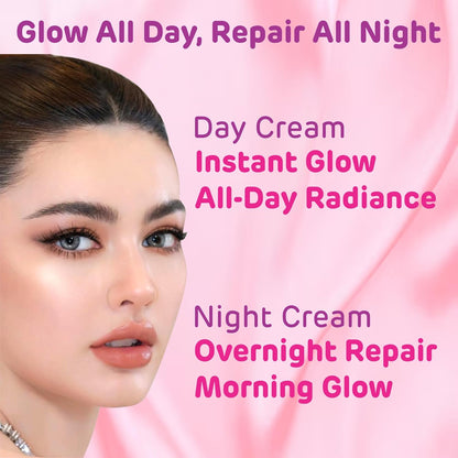 Glow Brightening Day & Night Cream Duo with Glutathione, Alpha Arbutin, Niacinamide, Kojic Acid & Ferulic Acid for Dark Spots, Pigmentation, Tan Removal & Glowing Skin for Men & Women Lightweight & Non-Greasy 15x2=30g Each