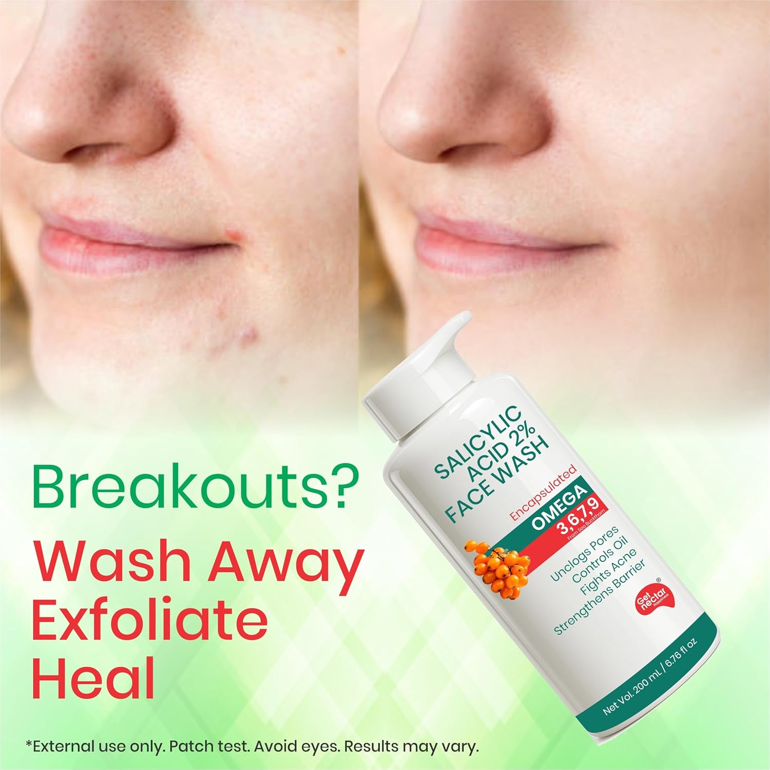 Get Nectar Happiness Korean Glow Essence 2% Salicylic Acid Face Wash for Oily & Acne-Prone Skin | Encapsulated | Omega 3,6,7,9 | Unclogs Pores, Controls Oil, Fights Acne, Soothes Redness 200ml