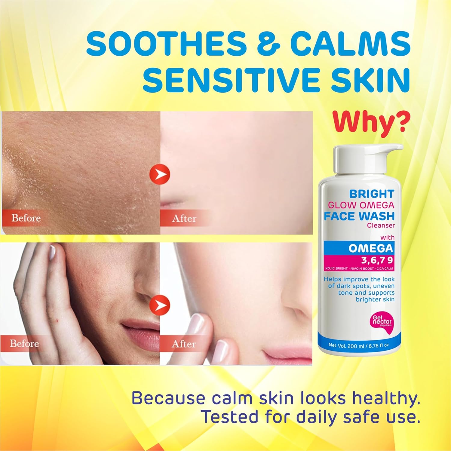 Bright Glow Omega Korean Glow Essence Face Wash Cleanser | Dark Spot, Pigmentation, Whitening & Brightening, Even Skin Tone & Gentle Daily Cleanser for Radiant, Glowing Skin – 200 ml