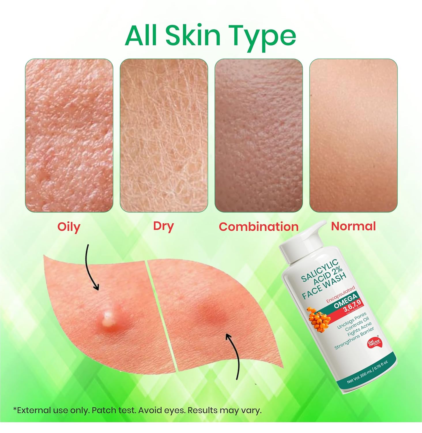 Get Nectar Happiness Korean Glow Essence 2% Salicylic Acid Face Wash for Oily & Acne-Prone Skin | Encapsulated | Omega 3,6,7,9 | Unclogs Pores, Controls Oil, Fights Acne, Soothes Redness 200ml