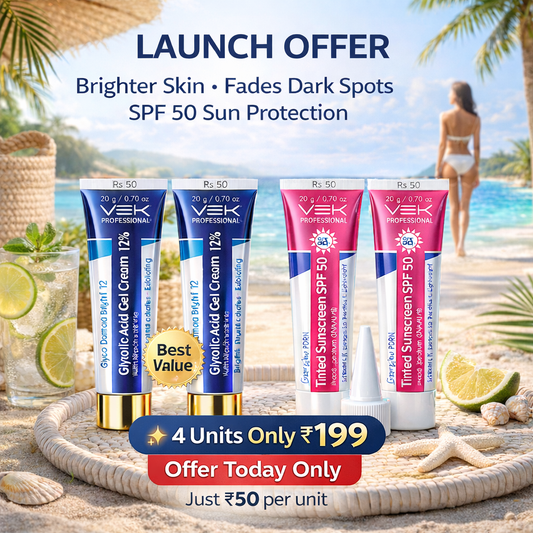 Glycolic Acid 12% Gel Cream + PDRN Tinted Sunscreen SPF 50 Combo (4 Tubes) – Reduces Pigmentation, Acne Marks & Dark Spots | Brightening + UV Protection | 20g x 2 + 20g x 2