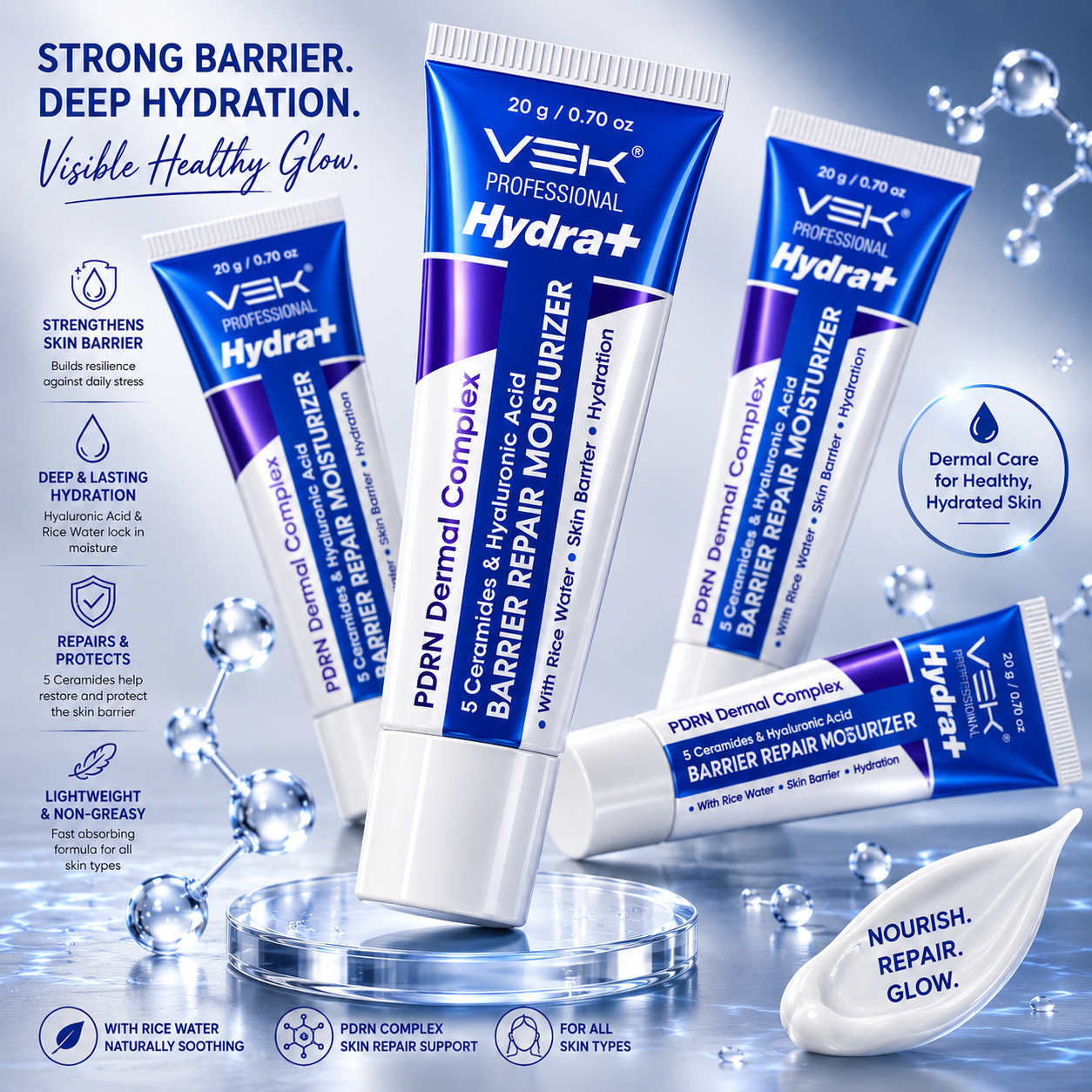 VSK Professional Hydra+ PDRN Dermal Complex Barrier Repair Moisturizer with 5 Ceramides, Hyaluronic Acid, PDRN & Rice Water | Deep Hydration, Skin Barrier Care, Lightweight Non-Greasy Moisturizer | For All Skin Types | 20g x 4 Unit