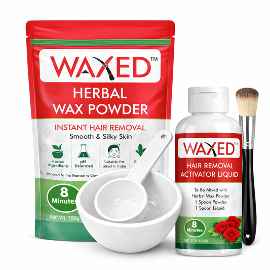 WAXED™ Herbal Wax Powder Hair Removal Kit for Women | Instant Hair Removal in 8 Minutes | Smooth & Silky Skin | With Activator Liquid, Bowl, Spoon & Brush | Full Body Wax | 100g Powder + 100ml Liquid