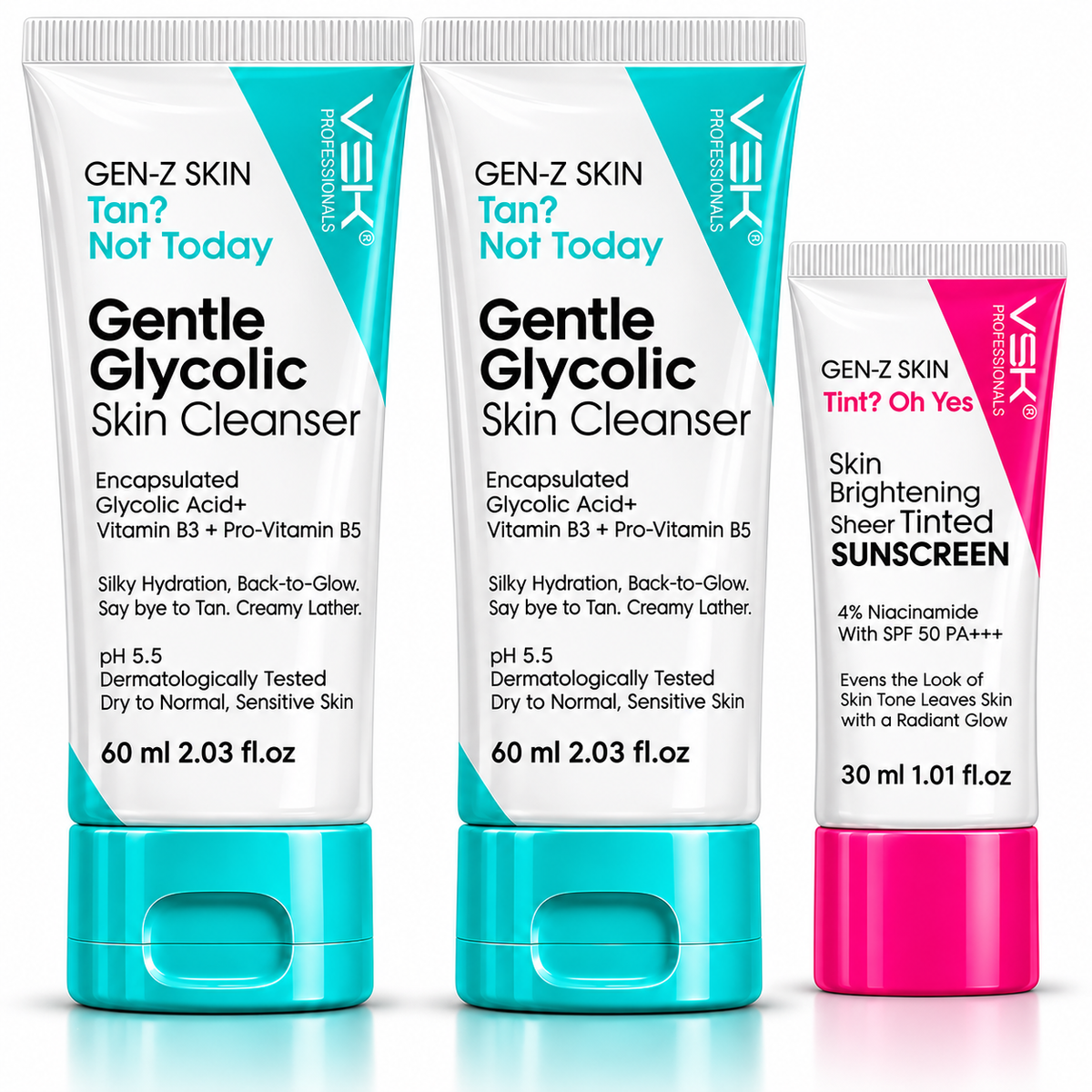 VSK Professionals Gen-Z Skin Care Combo | Gentle Glycolic Skin Cleanser 50ml x 2 + Skin Brightening Sheer Tinted Sunscreen SPF 50 PA+++ 40ml | With Glycolic Acid, Vitamin B3, Pro-Vitamin B5 & 4% Niacinamide