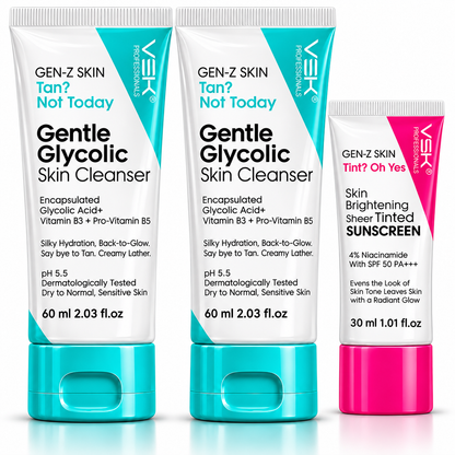 VSK Professionals Gen-Z Skin Care Combo | Gentle Glycolic Skin Cleanser 50ml x 2 + Skin Brightening Sheer Tinted Sunscreen SPF 50 PA+++ 40ml | With Glycolic Acid, Vitamin B3, Pro-Vitamin B5 & 4% Niacinamide