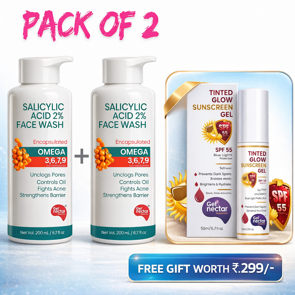 Get Nectar Happiness Korean Glow Essence 2% Salicylic Acid Face Wash for Oily & Acne-Prone Skin | Encapsulated | Omega 3,6,7,9 | Unclogs Pores, Controls Oil, Fights Acne, Soothes Redness 200ml