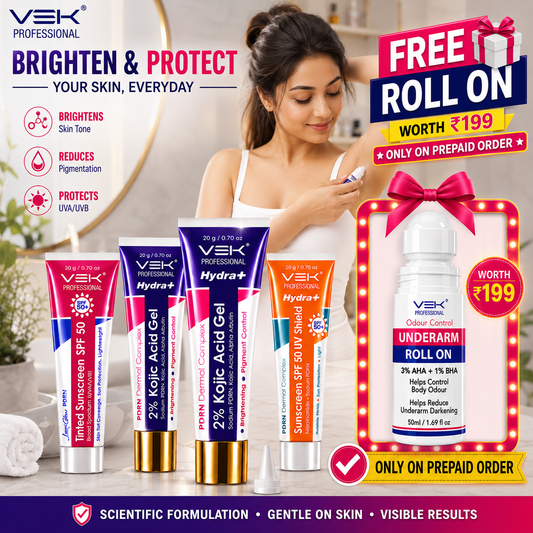Hydrate 2% Kojic Acid Face Serum in Gel with PDRN Dermal Complex, Glow Sunscreen & Tinted Sunscreen SPF 50+ | Alpha Arbutin Brightening Treatment for Dark Spots | 4 Tubes 20g each
