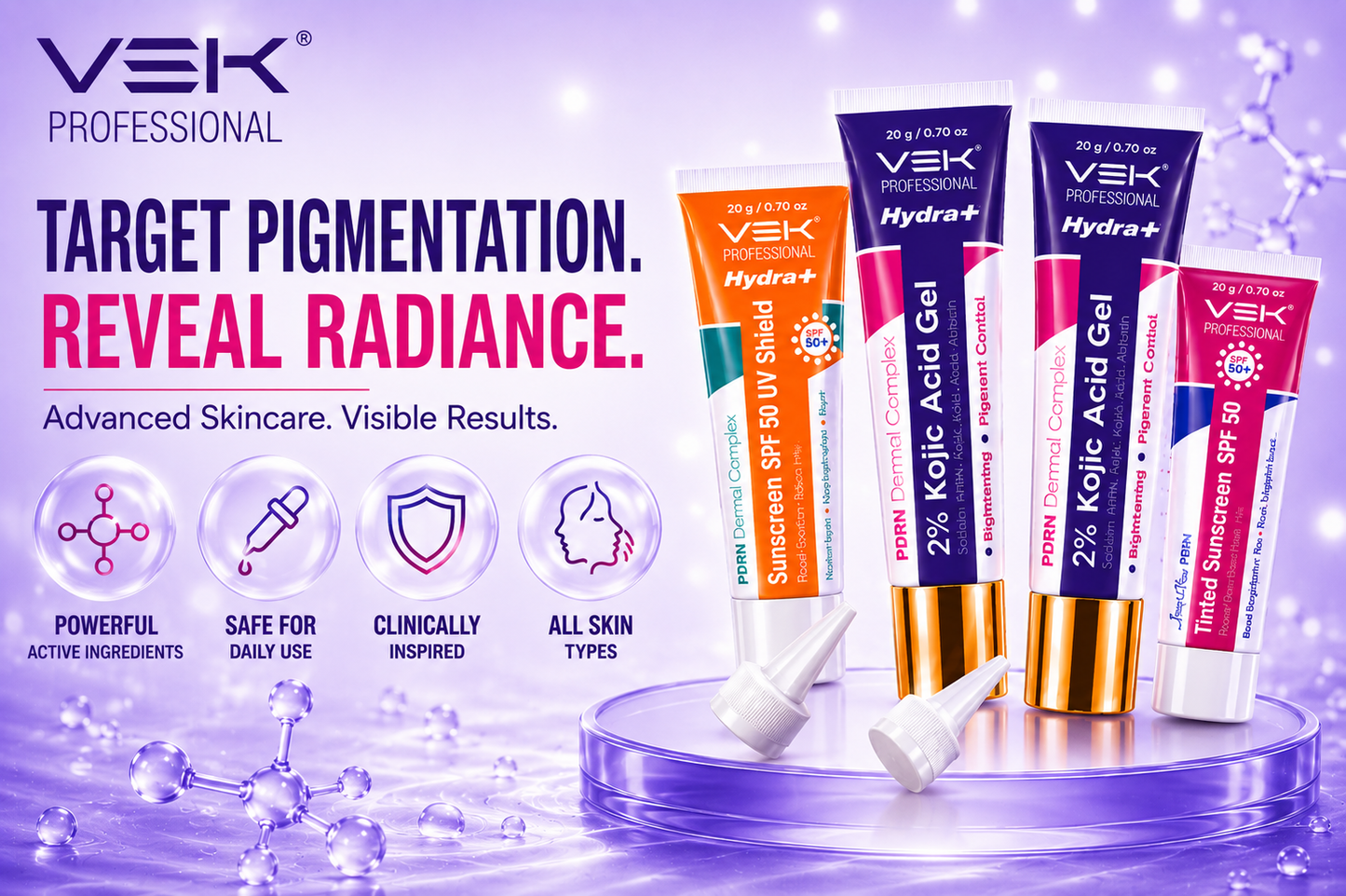 Hydrate 2% Kojic Acid Face Serum in Gel with PDRN Dermal Complex, Glow Sunscreen & Tinted Sunscreen SPF 50+ | Alpha Arbutin Brightening Treatment for Dark Spots, Melasma & Uneven Skin Tone | Lightweight Non-Greasy Daily Use Combo | 4 Tubes 20g each