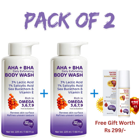 Get Nectar Happiness Korean Glow Essence AHA-BHA Body Wash | 4% Actives (3% Lactic Acid + 1% Salicylic Acid) | Omega 3,6,7,9 | Exfoliating Body Wash for Tan, Body Acne & Smooth Glowing Skin | Sulfate & Paraben Free | For Men & Women | 225ml