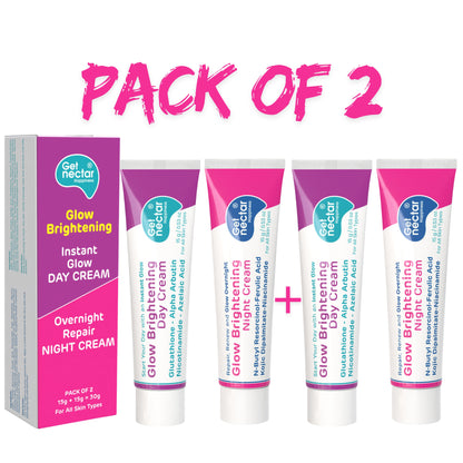 Glow Brightening Day & Night Cream Duo With Glutathione, Alpha Arbutin, Niacinamide, Kojic Acid & Ferulic Acid for Dark Spots, Pigmentation, Tan Removal & Glowing Skin for Men & Women Lightweight Non-Greasy 15x2=30g Pack of 2 Free Tinted Sunscreen