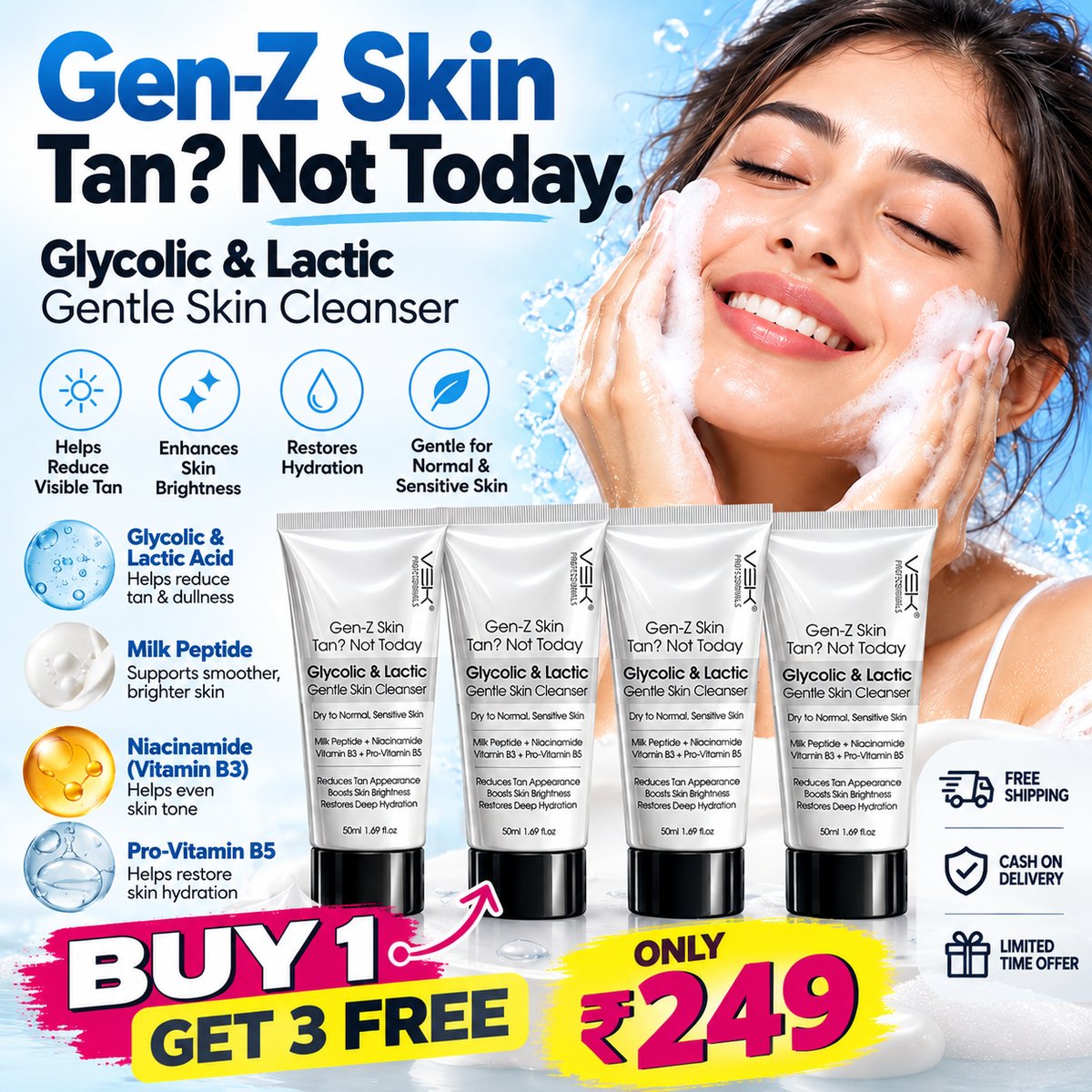 VSK Professional Glycolic & Lactic Acid Gentle Skin Cleanser, 50g Each (Pack of 4) | With Milk Peptide, Niacinamide, Vitamin B3 & Pro-Vitamin B5 | For Dry to Normal & Sensitive Skin
