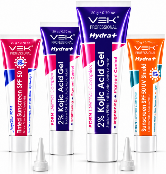 Hydrate 2% Kojic Acid Face Serum in Gel with PDRN Dermal Complex, Glow Sunscreen & Tinted Sunscreen SPF 50+ | Alpha Arbutin Brightening Treatment for Dark Spots | 4 Tubes 20g each