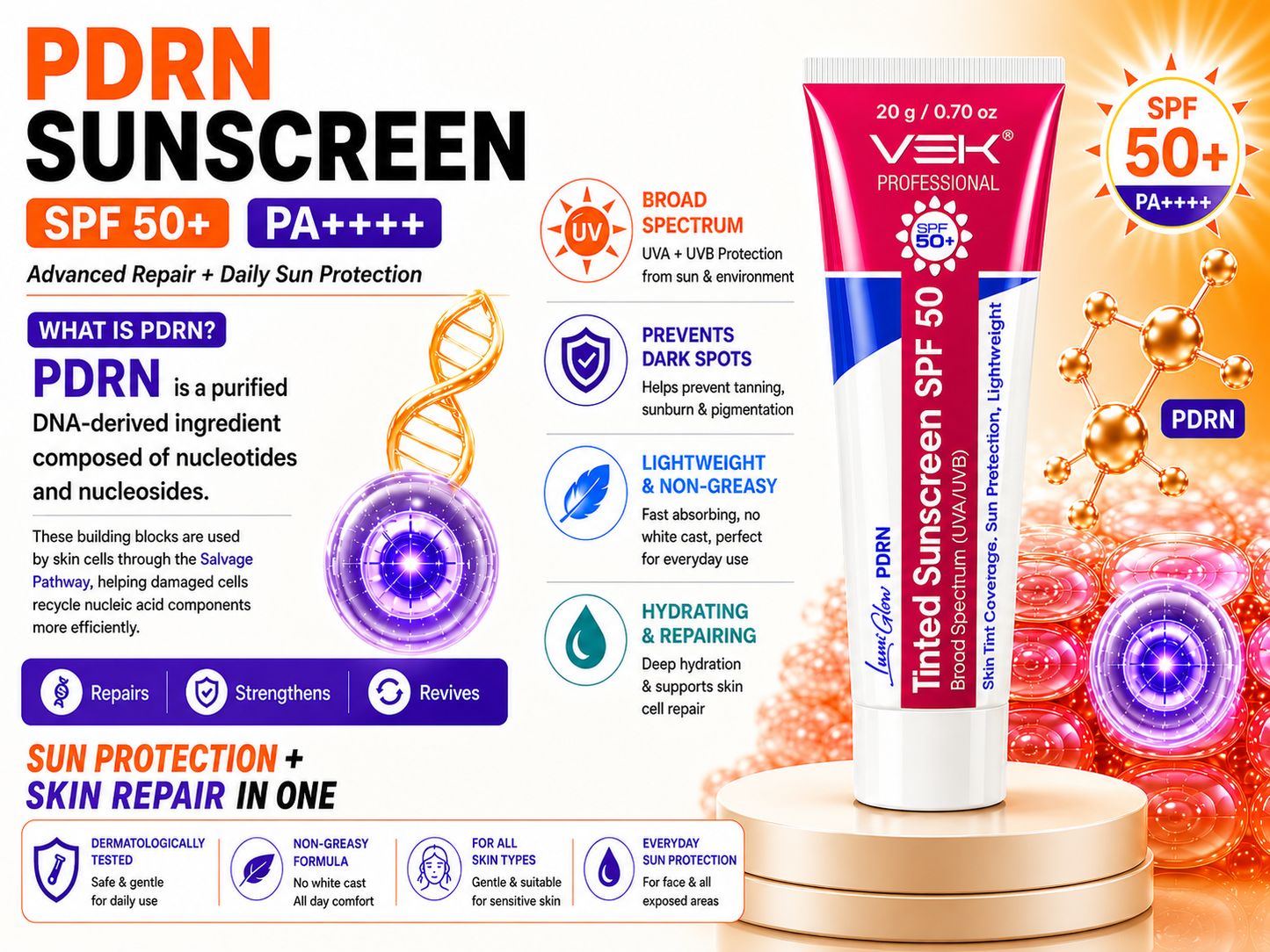 Hydrate 2% Kojic Acid Face Serum in Gel with PDRN Dermal Complex, Glow Sunscreen & Tinted Sunscreen SPF 50+ | Alpha Arbutin Brightening Treatment for Dark Spots, Melasma & Uneven Skin Tone | Lightweight Non-Greasy Daily Use Combo | 4 Tubes 20g each