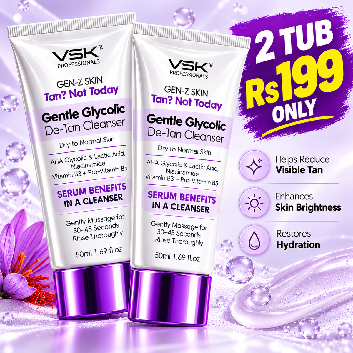 Gen-Z Skin Tan? Not Today – Gentle Glycolic De-Tan Cleanser for Dry to Normal Skin | AHA Glycolic & Lactic Acid, Niacinamide (Vitamin B3) & Pro-Vitamin B5 | Pack of 2 | 50 ml Each (100 ml Total)