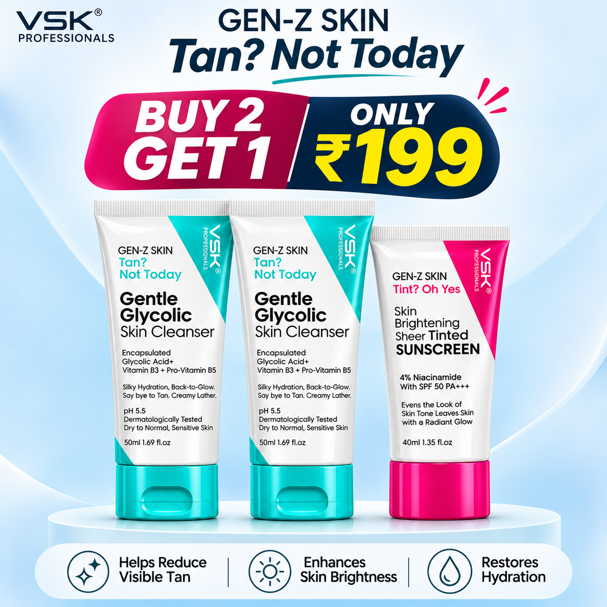 VSK Professionals Gen-Z Skin Care Combo | Gentle Glycolic Skin Cleanser 50ml x 2 + Skin Brightening Sheer Tinted Sunscreen SPF 50 PA+++ 40ml | With Glycolic Acid, Vitamin B3, Pro-Vitamin B5 & 4% Niacinamide