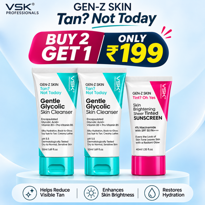 VSK Professionals Gen-Z Skin Care Combo | Gentle Glycolic Skin Cleanser 50ml x 2 + Skin Brightening Sheer Tinted Sunscreen SPF 50 PA+++ 40ml | With Glycolic Acid, Vitamin B3, Pro-Vitamin B5 & 4% Niacinamide