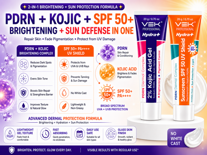 Hydrate 2% Kojic Acid Face Serum in Gel with PDRN Dermal Complex, Glow Sunscreen & Tinted Sunscreen SPF 50+ | Alpha Arbutin Brightening Treatment for Dark Spots, Melasma & Uneven Skin Tone | Lightweight Non-Greasy Daily Use Combo | 4 Tubes 20g each