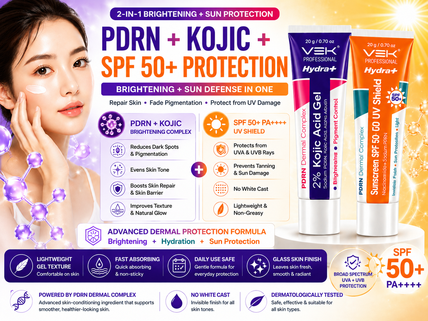 Hydrate 2% Kojic Acid Face Serum in Gel with PDRN Dermal Complex, Glow Sunscreen & Tinted Sunscreen SPF 50+ | Alpha Arbutin Brightening Treatment for Dark Spots, Melasma & Uneven Skin Tone | Lightweight Non-Greasy Daily Use Combo | 4 Tubes 20g each
